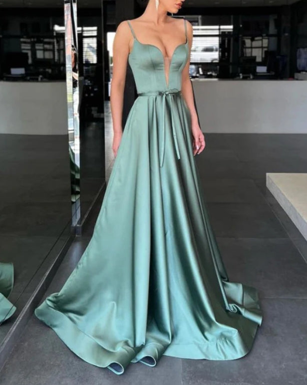 Sage Spaghetti-Strap A-Line Long Formal Prom Dress with Belt