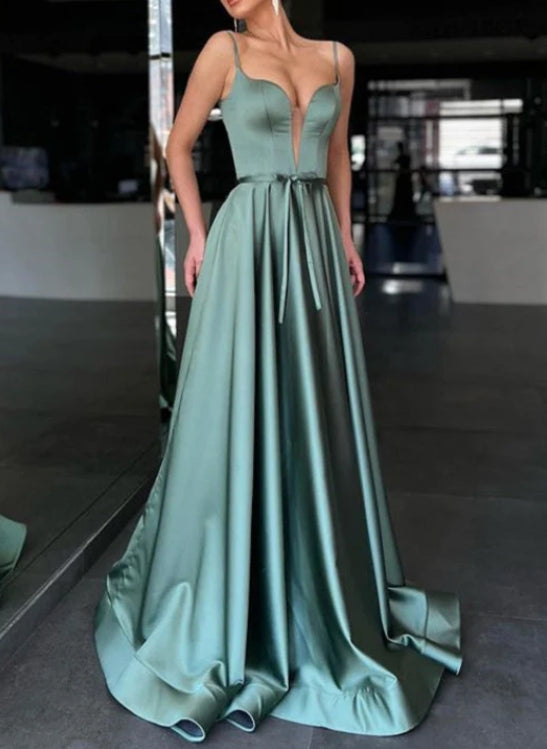 Sage Spaghetti-Strap A-Line Long Formal Prom Dress with Belt