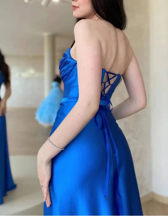 Royal Blue Strapless Sleeveless Prom Dress with Split