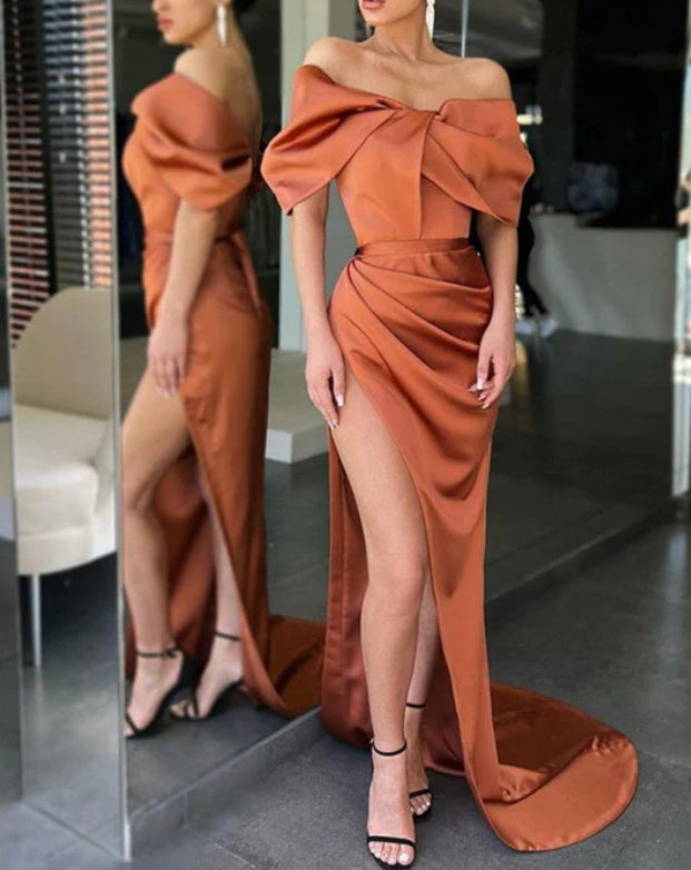 Burnt Orange Off-the-Shoulder Mermaid Prom Dress with Split
