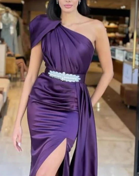 Dark Purple One-Shoulder Long Ruffle Mermaid Prom Dress with Belt