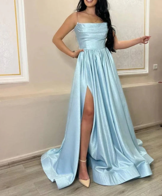 Baby Blue Spaghetti-Strap Charmeuse A-Line Prom Dress with Split