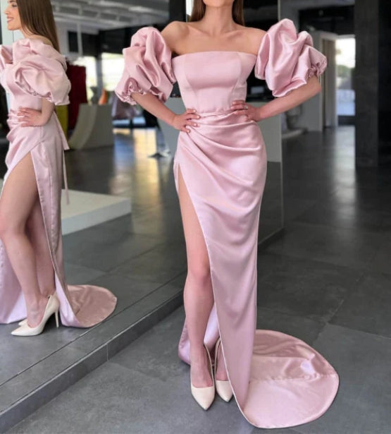 Pink Strapless Mermaid Prom Dress with Long Split and Detachable Sleeves