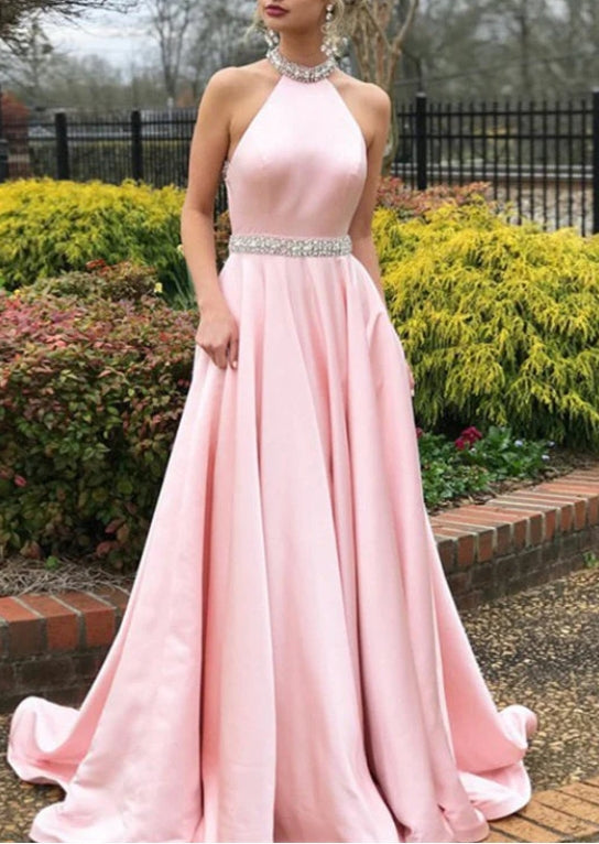 Pink Halter Sleeveless Beaded Mermaid Prom Dress