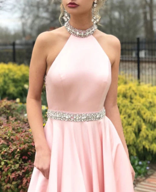 Pink Halter Sleeveless Beaded Mermaid Prom Dress