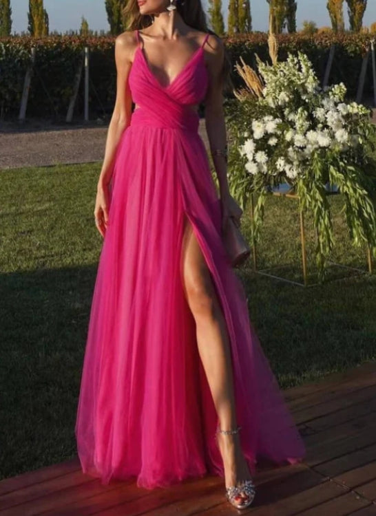 Fuchsia Spaghetti-Straps Tulle A-Line Prom Dress with Split