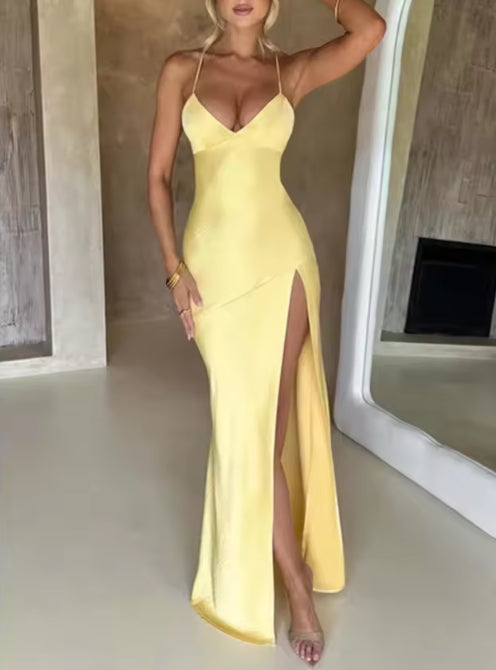 Bandage Backless Elegant Dress Split Hem Spaghetti Strap Slim Cocktail Prom Club Fashion Satin Solid Lace-Up Long Dresses