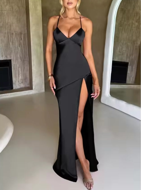 Bandage Backless Elegant Dress Split Hem Spaghetti Strap Slim Cocktail Prom Club Fashion Satin Solid Lace-Up Long Dresses