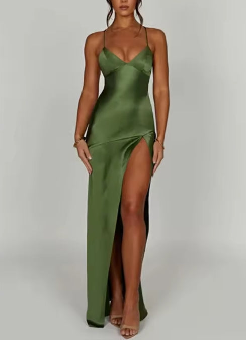 Bandage Backless Elegant Dress Split Hem Spaghetti Strap Slim Cocktail Prom Club Fashion Satin Solid Lace-Up Long Dresses