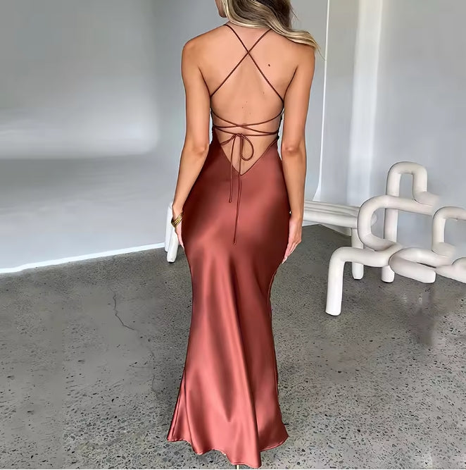 Women's Spaghetti Straps Satin Backless Sexy Prom Dress Summer Beauty Elegant Party Evening Dress Tight Long Dress