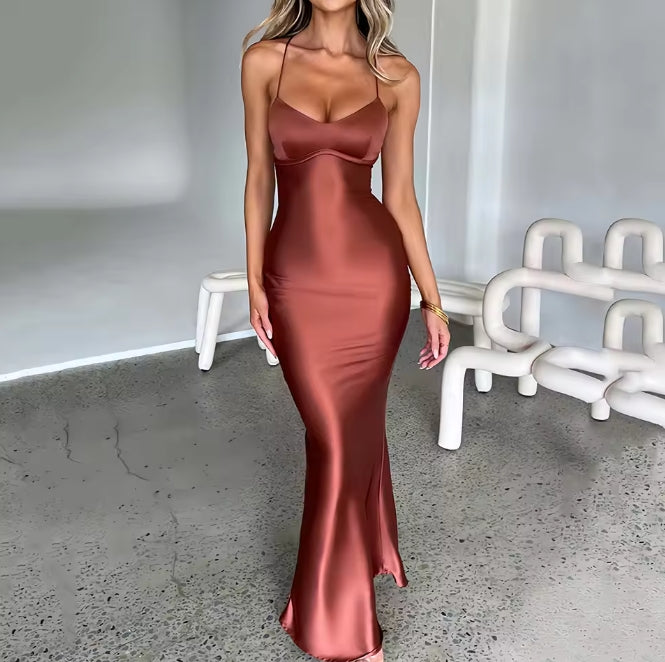 Women's Spaghetti Straps Satin Backless Sexy Prom Dress Summer Beauty Elegant Party Evening Dress Tight Long Dress