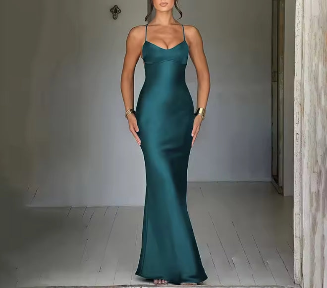 Women's Spaghetti Straps Satin Backless Sexy Prom Dress Summer Beauty Elegant Party Evening Dress Tight Long Dress