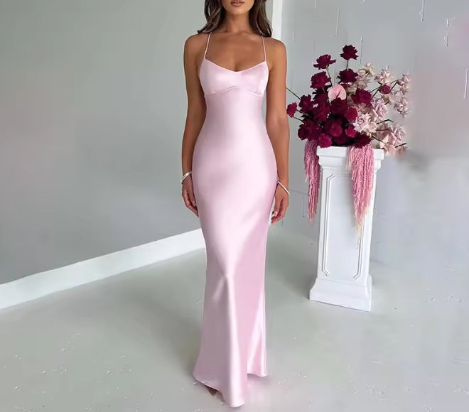 Women's Spaghetti Straps Satin Backless Sexy Prom Dress Summer Beauty Elegant Party Evening Dress Tight Long Dress