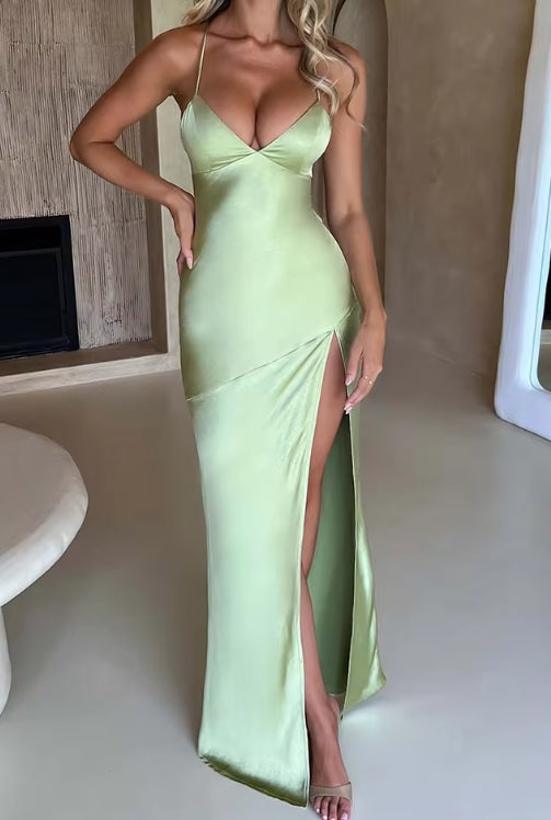 Fashion Sexy Satin Backless Camis Dress Spaghetti Strap Split Hem Silk Bodycon Casual Lace-up Summer Prom Long Dress