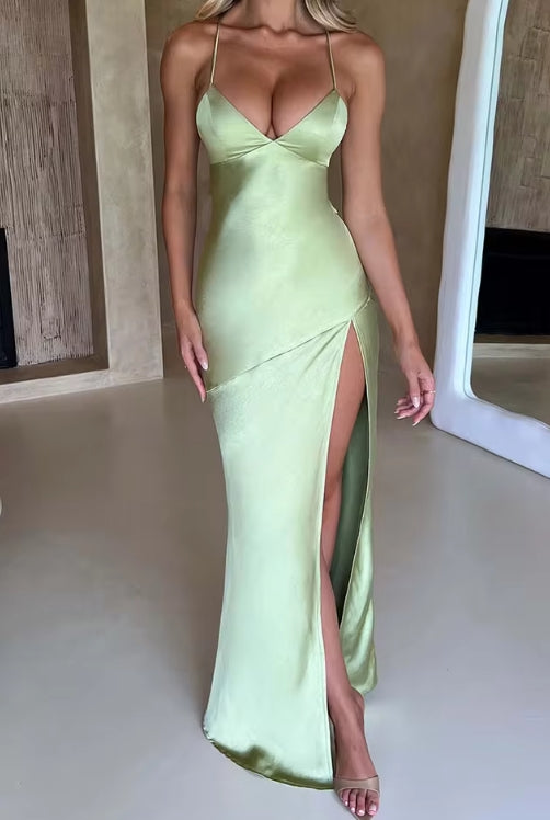 Fashion Sexy Satin Backless Camis Dress Spaghetti Strap Split Hem Silk Bodycon Casual Lace-up Summer Prom Long Dress