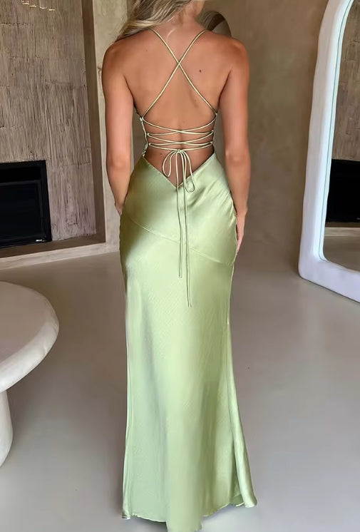 Fashion Sexy Satin Backless Camis Dress Spaghetti Strap Split Hem Silk Bodycon Casual Lace-up Summer Prom Long Dress