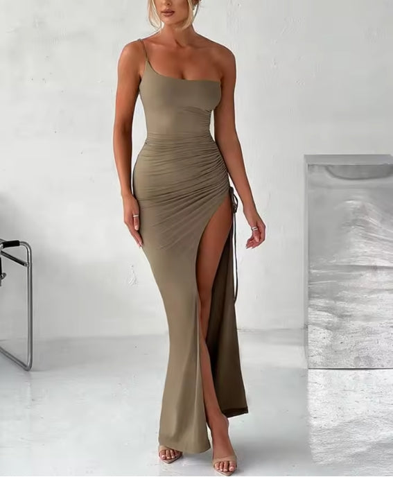 Drawstring High Slit Dress Women Sexy One Shoulder Slim Elastic Maxi Prom Pleated Vestidos Female Dresses