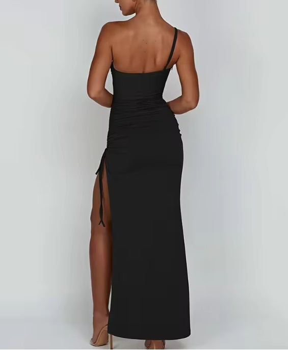 Drawstring High Slit Dress Women Sexy One Shoulder Slim Elastic Maxi Prom Pleated Vestidos Female Dresses