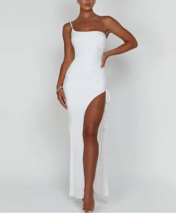 Drawstring High Slit Dress Women Sexy One Shoulder Slim Elastic Maxi Prom Pleated Vestidos Female Dresses