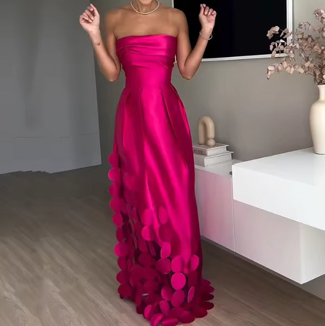 Fashion Strapless High Waist Banquet Dress New Women's Sexy Off Shoulder Slim Satin Long Prom Dress Elegant Pleated