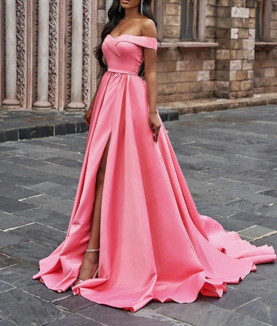 Pink Off-the-Shoulder Long Prom Dress with Split