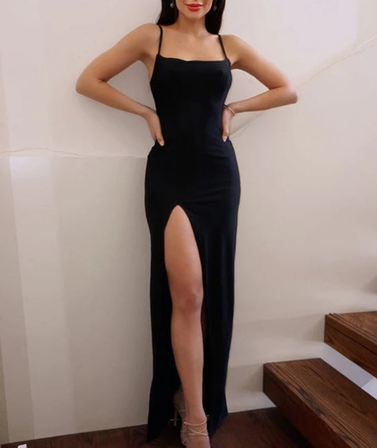 Spaghetti-Straps Black Mermaid Prom Dress with Split