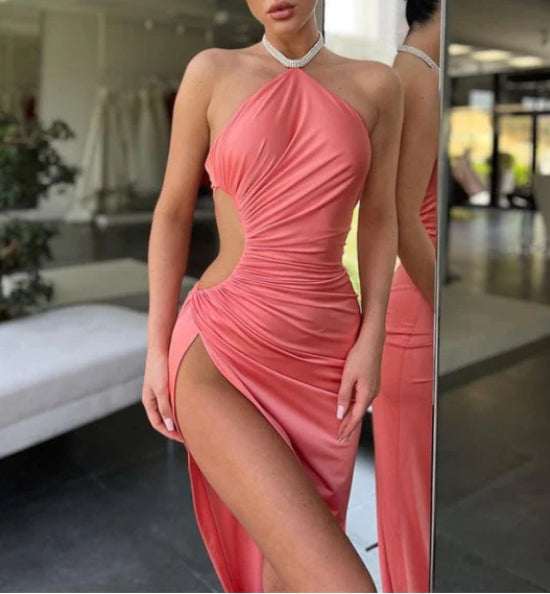 Pink Halter Sleeveless Mermaid Prom Dress with Long Split