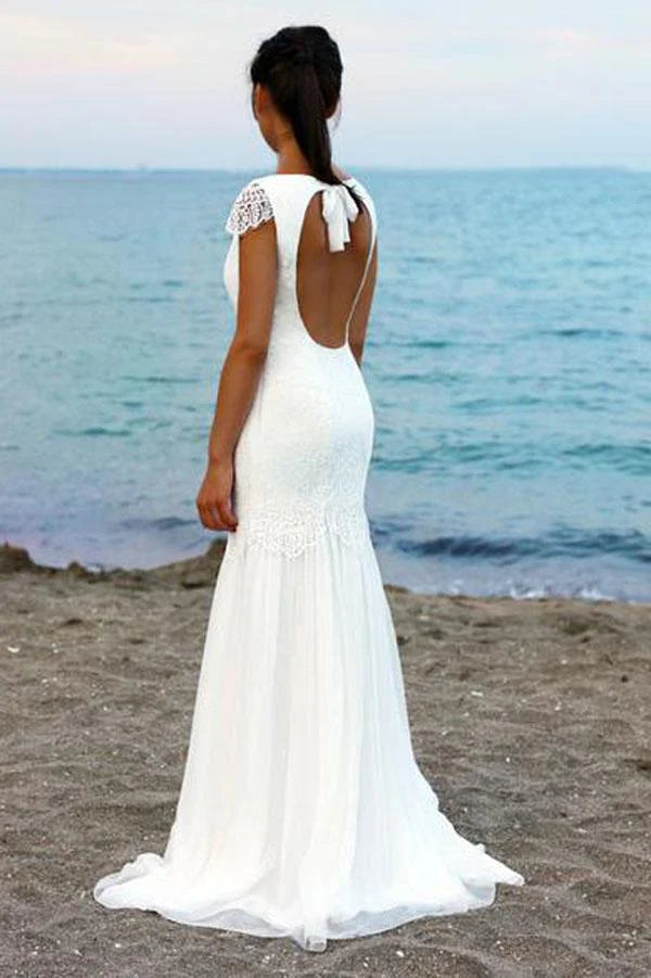 White Cap Sleeves Scoop Neck Open Back Lace Beach Wedding Dresses