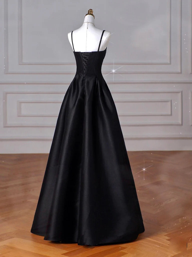 A-Line Satin Black Long Prom Dress, Black Long Evening Dress