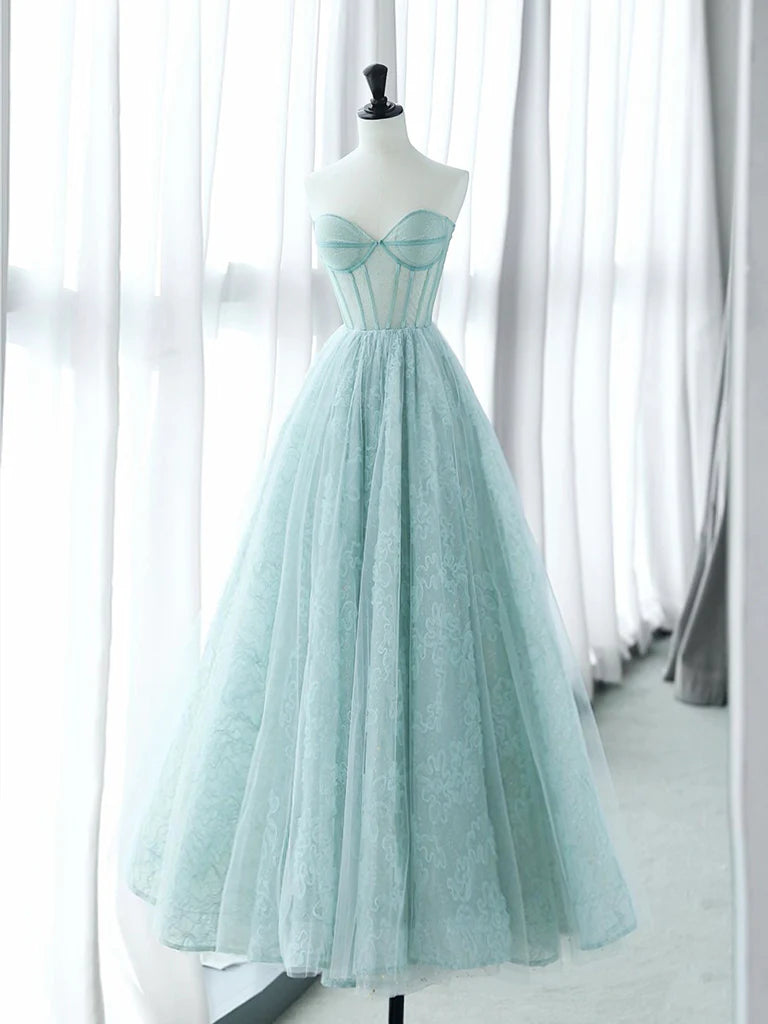 A-Line Sweetheart Neck Tulle Lace Blue Long Prom Dress