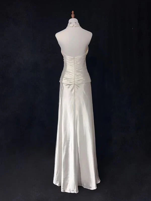V Neck A Line Satin Long Prom Dresses Halter Wedding Dress