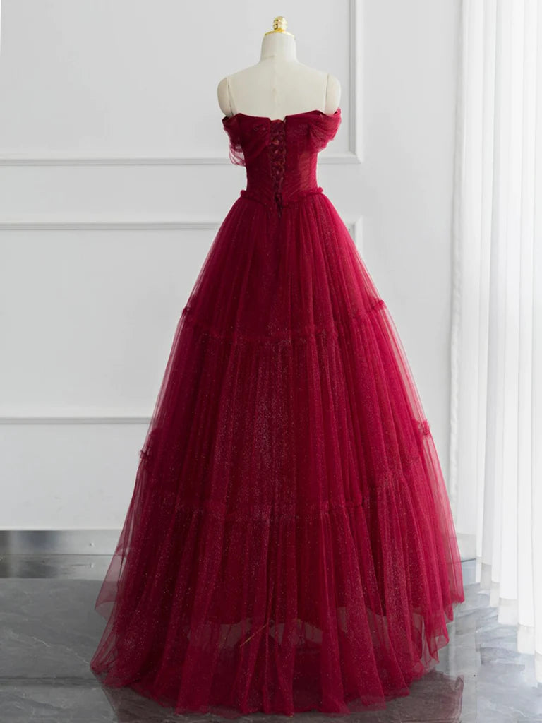 A-line Sweetheart Neck Tulle Burgundy Long Prom Dress