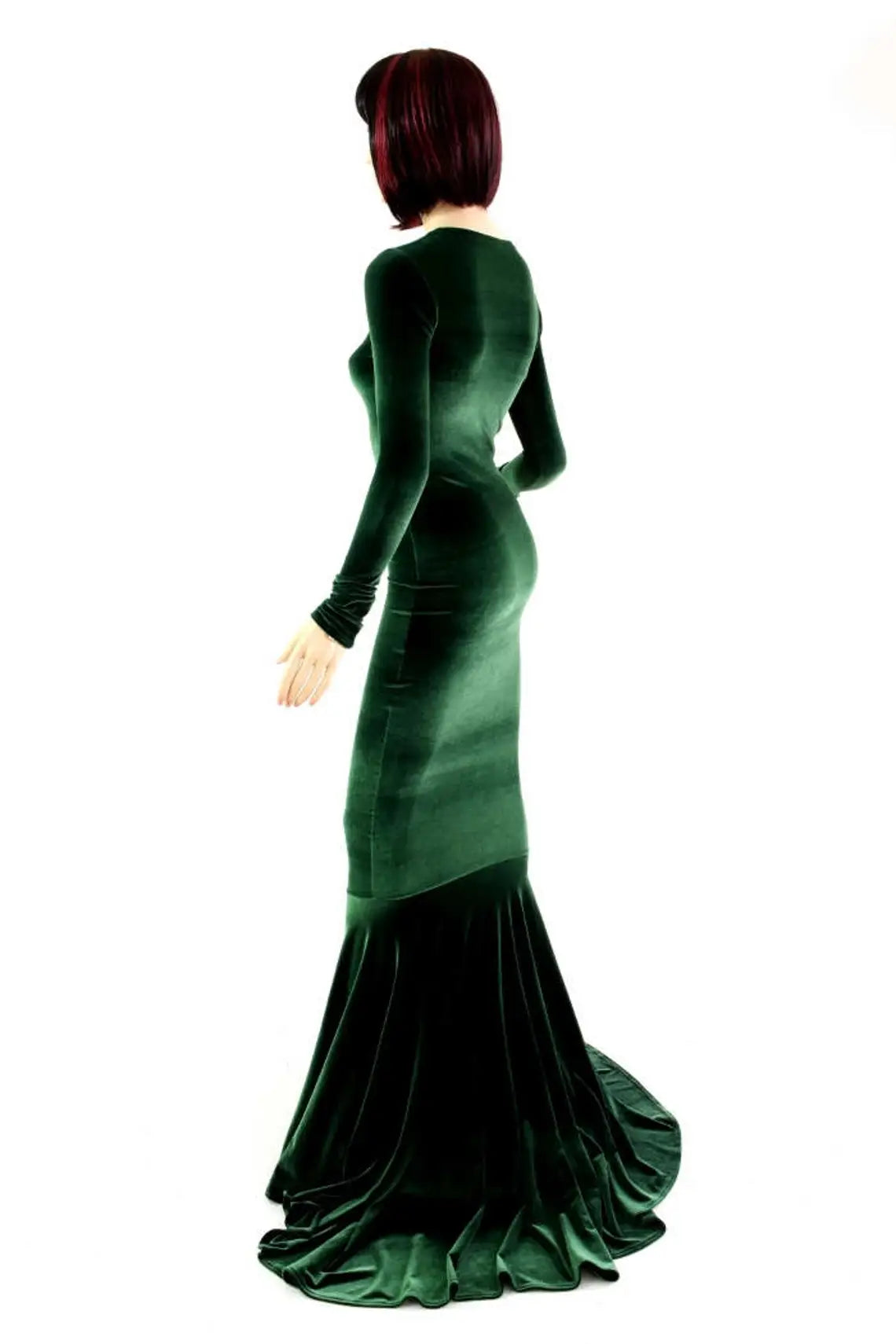 Bewitching Long Forest Green Velvet Gown with Crew Neckline Long Sleeves and Puddle Train