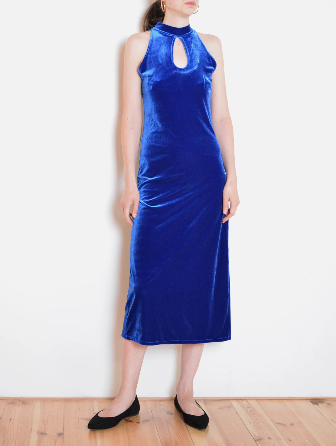 Blue velvet mock neck dress midi dress prom dress evening long dress