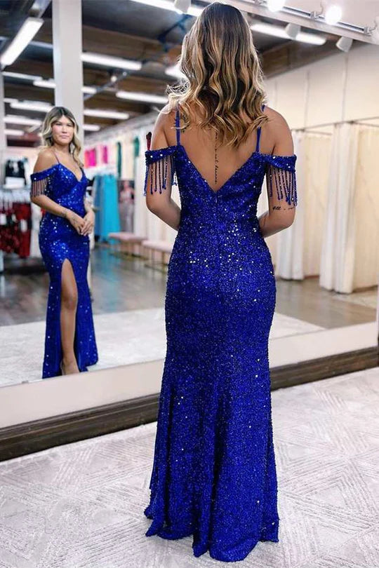 Sequin Cold-Shoulder Fringes Long Prom Dress with Slit