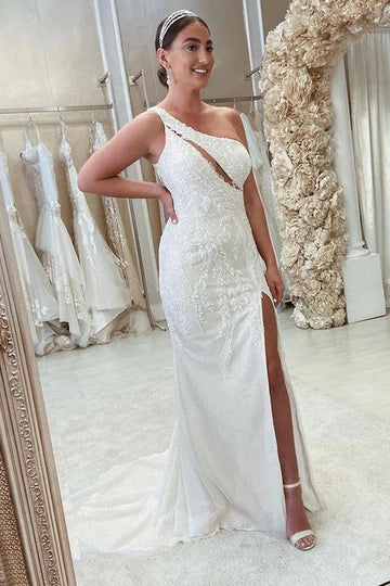 Beaded One-Shoulder Cutout Wedding Dress