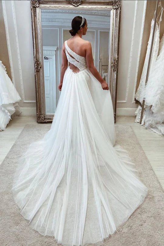 Beaded One-Shoulder Cutout Wedding Dress