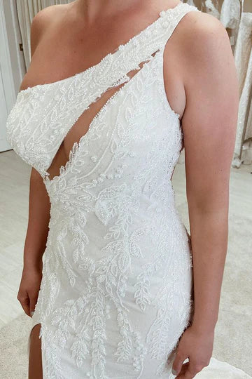 Beaded One-Shoulder Cutout Wedding Dress