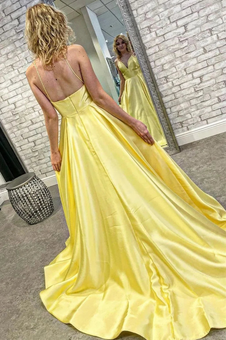 V-Neck Backless A-Line Prom Gown with Pockets