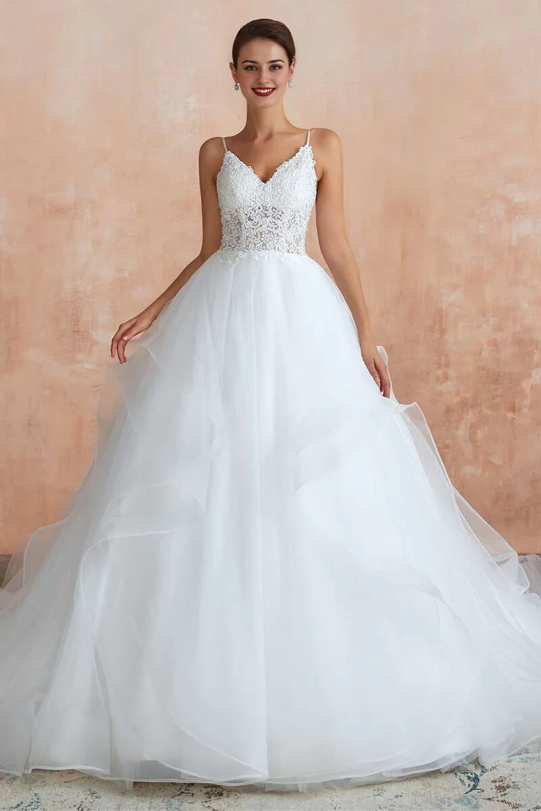 A-Line Layers Straps Lace-Up Back Wedding Dress