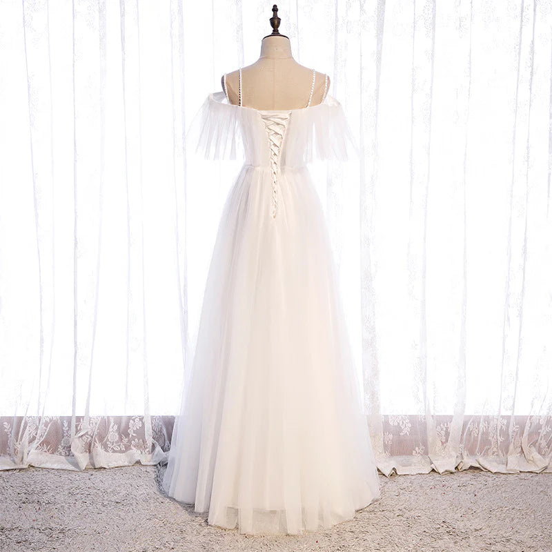 White Tulle Long Prom Dress A Line Simple Wedding Dress