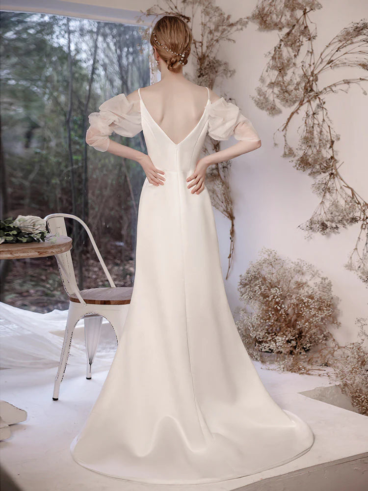 Simple White Long Sleeves Wedding Dress V Back Long Evening Prom Dress