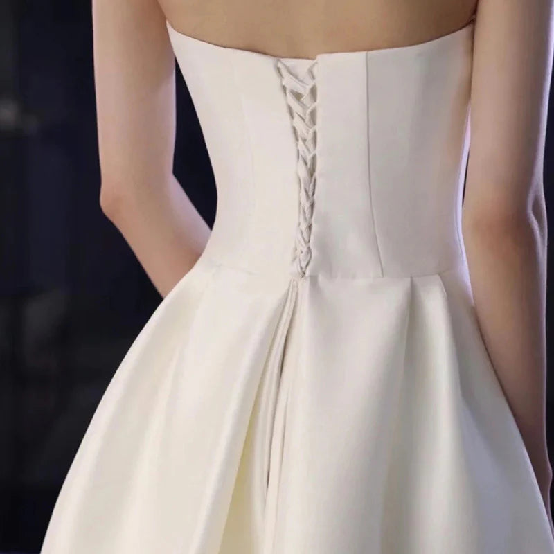 French Style Strapless Wedding Dress Satin White Long Prom Dress