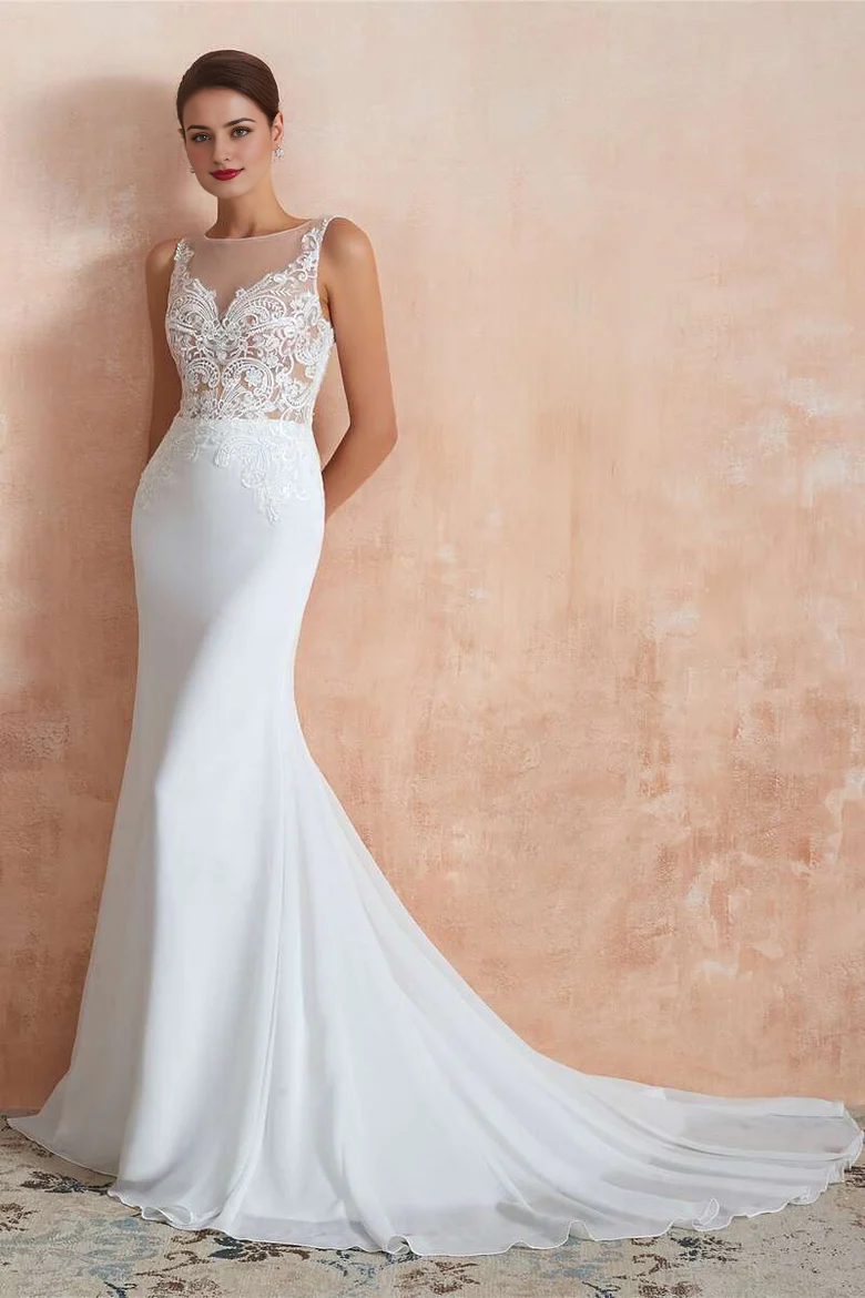 Sheer Lace Sleeveless Mermaid Long Wedding Dress