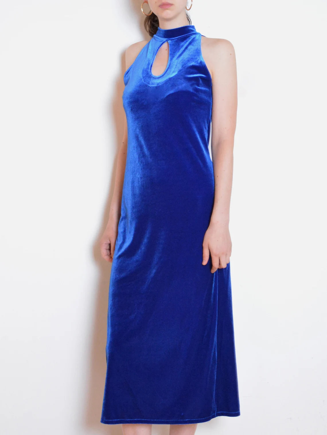 Blue velvet mock neck dress midi dress prom dress evening long dress