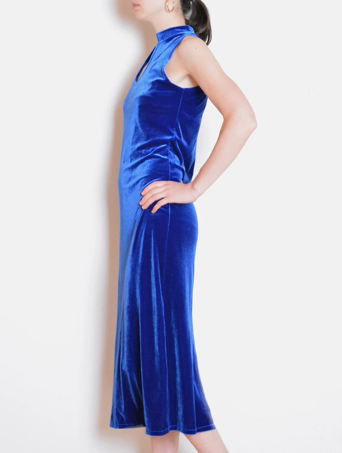 Blue velvet mock neck dress midi dress prom dress evening long dress