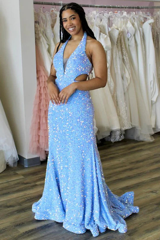Iridescent Sequin Halter Trumpet Long Prom Dress