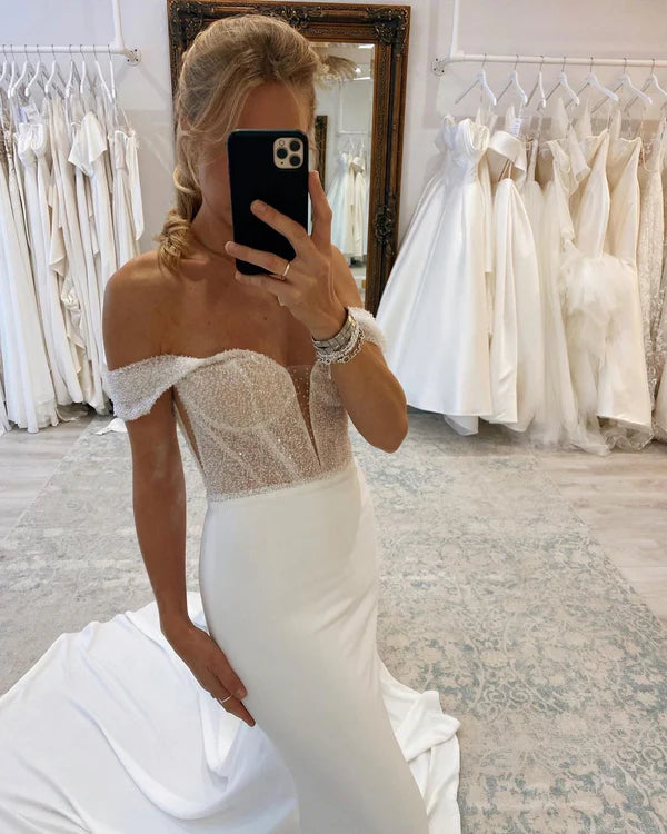 Mermaid Off the Shoulder Satin Long Wedding Dresses with Sequins