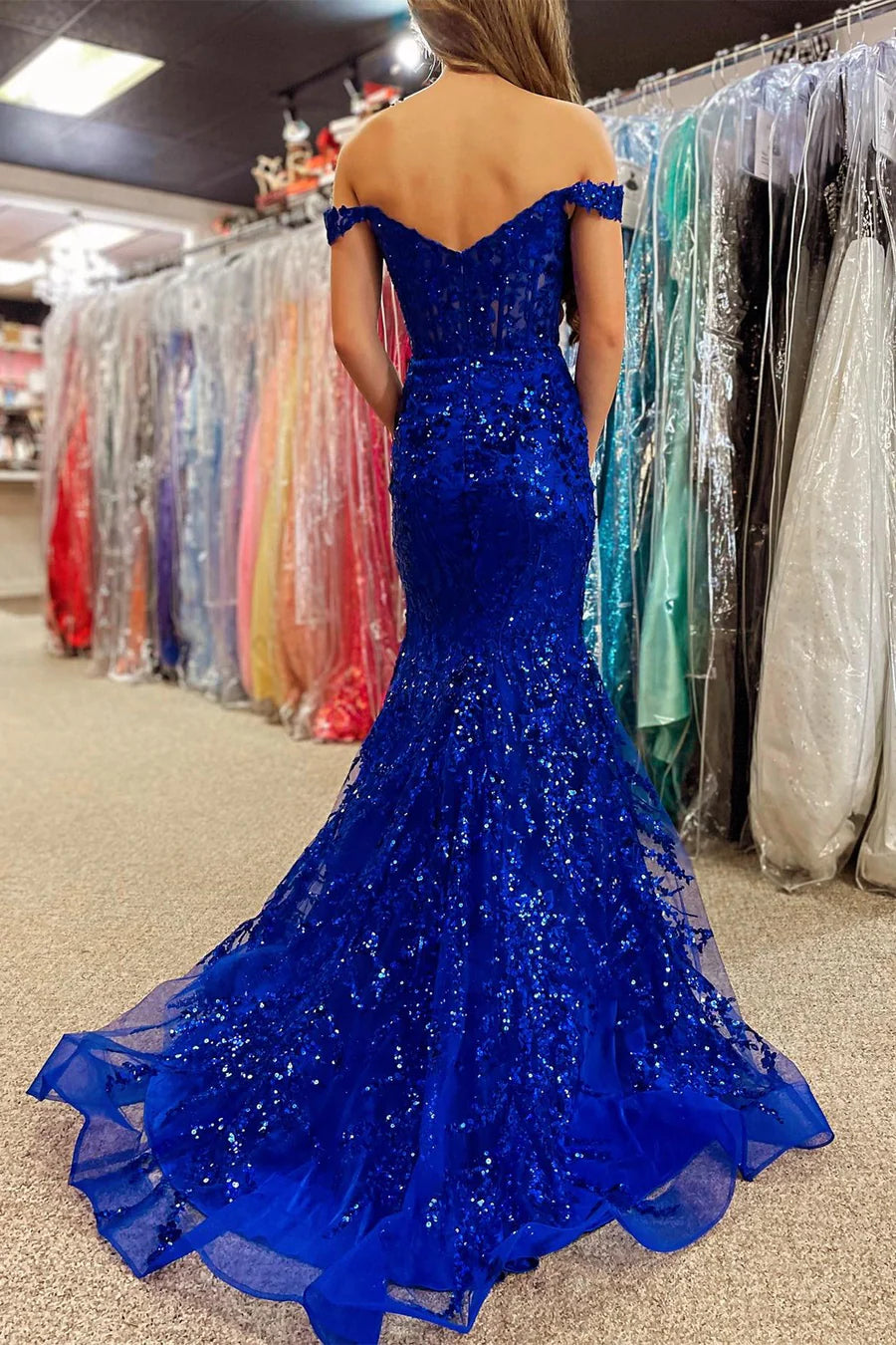 Off-the-Shoulder Blue Sequin Lace Mermaid Long Dress with Slit