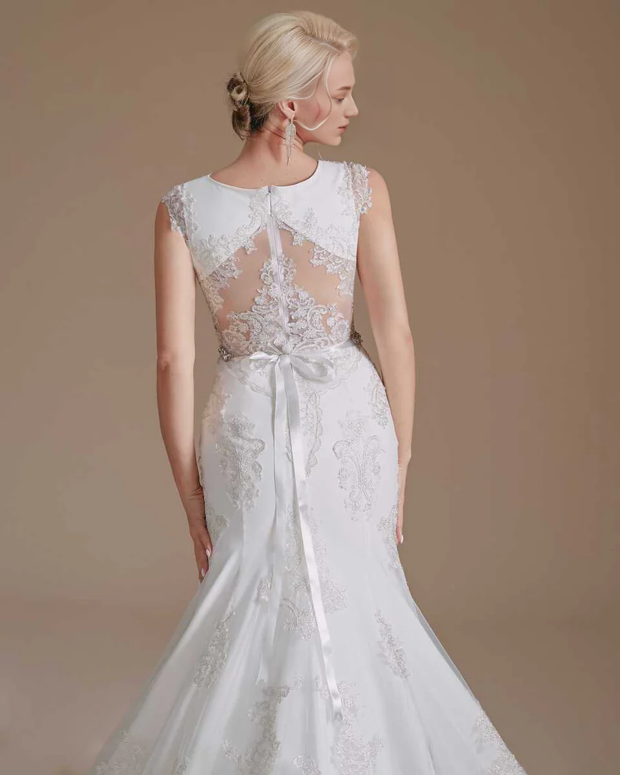 Lace Cap Sleeve Sheer Back Mermaid Wedding Dress